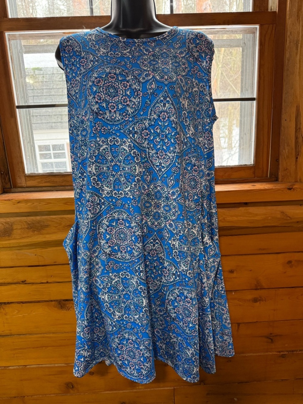 Blue Mediterranean Tile Print Shift Dress with Pockets Sleeveless Size XL - Picture 2 of 10